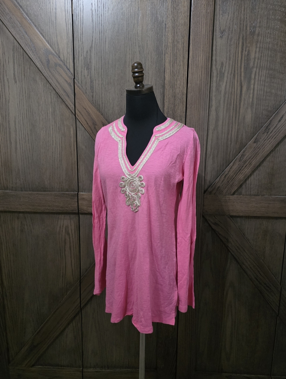 Lilly Pulitzer Pink Long-Sleeve Embroidered V-Neck Tunic